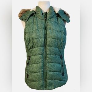 Green Tea Heather Green Hoodie Soft White Faux Fur Lined Puffer Vest